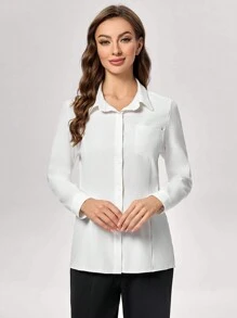 TaskEZ Women's Solid Color Button-Up Long Sleeve Work Blouse With Pocket