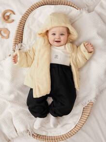 SHEIN 新生男童/女童休闲可爱熊图案保暖连帽厚棉外套，适合秋冬季户外和家居穿着