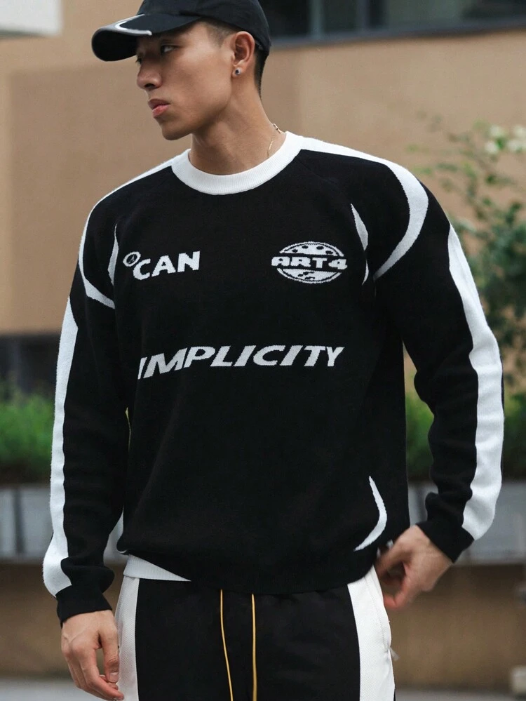 Men's Autumn Crew Neck Color Blocking Letter Print Long Sleeve Sweater