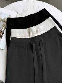 Franclia New Style High Waist Cinched Waist Casual Straight Leg Wide Leg Pants, Thermal Lined Thick Knit Trousers For Women - Black - View 3