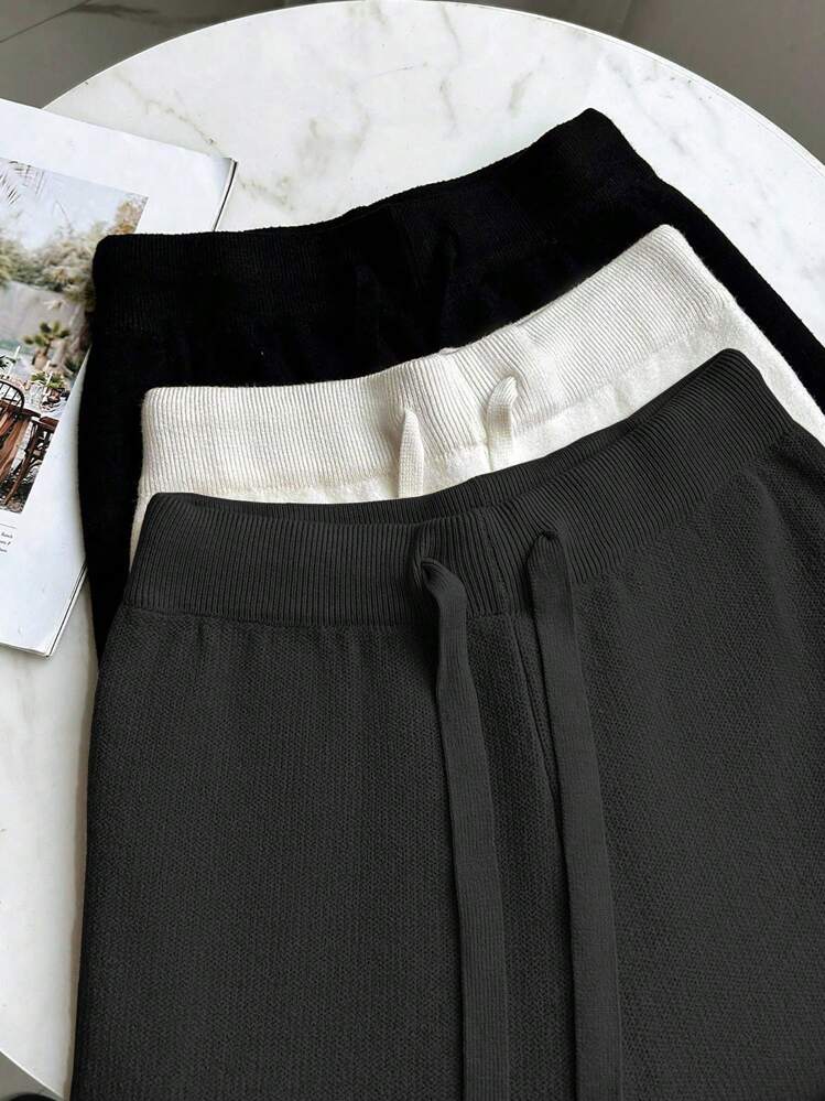 Franclia New Style High Waist Cinched Waist Casual Straight Leg Wide Leg Pants, Thermal Lined Thick Knit Trousers For Women - Black - View 3