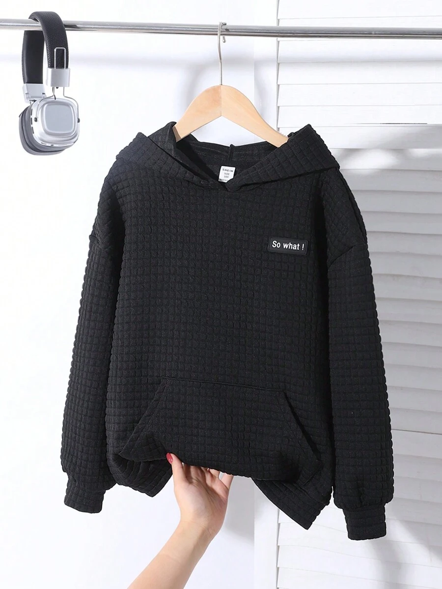 SHEIN Áo nỉ dáng rộng cho bé gái tuổi teen, vai rớt, thêu họa tiết và có túi hộp. - màu đen - Xem 1