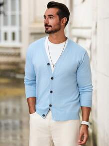 Manfinity Mode Áo khoác cardigan dệt kim cài nút phía trước màu trơn cho nam, mặc mùa thu đông, tay dài - Màu xanh nhạt - Xem 7