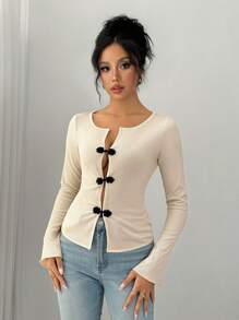 Chiquease 女士撞色纽扣装饰长袖休闲T恤，春季款 - 杏色 - 查看 4