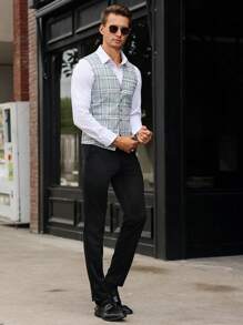 Manfinity Bizformal Men's V-Neck Single-Breasted Casual Plaid Vest