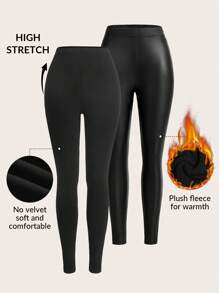 SHEIN Clasi PU Velvet And Solid Velvet Leggings - Suitable As Base Layer For Autumn/Winter - Black - View 5