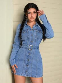 SHEIN EZwear Damen Herbst Einreiher Cargo Tasche Lässig Jeanshemdkleid