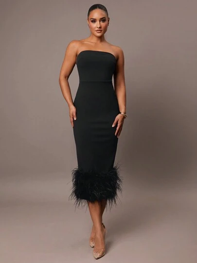 Silquee Women's Simple Daily Date Elegant Party Autumn And Winter Sexy Tube Top Mid-Length Hem With Decoration High-End Formal Party Wedding Bridesmaid Dress Dinner Outing Dress Halloween Dress Christmas Vacation Dress Solid Color Black Mid-Length Dress, Double-Layer Textured Garri Cloth