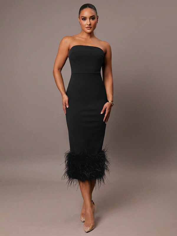 Silquee Damen einfaches, elegantes Partykleid für den täglichen Gebrauch, sexy Bandeau-Oberteil, mittlere Länge mit Verzierung, hochwertig für formelle Partys, Hochzeiten, als Brautjungfernkleid, zum Dinner, für Halloween, Weihnachtsurlaub, einfarbiges schwarzes Kleid in Mittellänge, Doppellagiger strukturierter Garri-Stoff