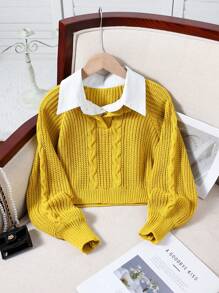 Girls Casual Loose Gray Knit Sweater With Collar, Cropped - Mustard Yellow - View 3