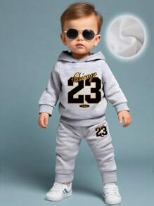 Baby Boy Funny Letter & Number Print Fleece Hoodie And Pants Set, Casual Fashion Autumn Fall Winter Clothes - Grey - View 1