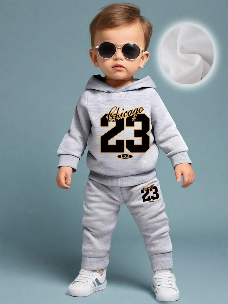 Baby Boy Funny Letter & Number Print Fleece Hoodie And Pants Set, Casual Fashion Autumn Fall Winter Clothes - Grey - View 1