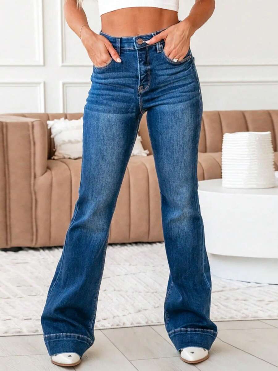 Women's Casual Washed Skinny Flare Leg Jeans - Dark Wash - View 1