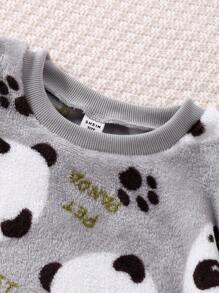 青少年男童灰色简约可爱熊猫印花毛绒保暖长袖长裤两件套睡衣套装，青少年 - 灰色 - 查看 5