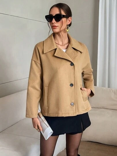 SHEIN Privé Women Camel Color Lapel Long Sleeve Coat