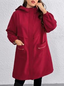 SHEIN LUNE Women's Fashionable, Elegant, Hooded, Pocketed, Zipper Decorated, Versatile, Thick Autumn/Winter Plus Size Jacket, Suitable For Halloween, Christmas, New Year, Valentine's Day, Thanksgiving, Parties And Galas - Burgundy - View 7