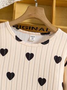 SHEIN 青少年女孩休闲心形印花连衣裙，适合日常穿着，秋季 - 杏色 - 查看 5