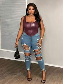 Slaydiva Áo corset bó sát cỡ lớn bằng da PU - Màu Đỏ Sâu - Xem 5
