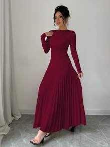 Rafferiza 1 件女士优雅长袖收腰褶皱连衣裙，秋冬酒红色长款女装 - 酒紅色 - 查看 5