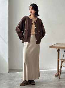 FRIFUL Women's Casual Solid Color Turnover Pocket Cardigan For Autumn/Winter - Brown - View 2