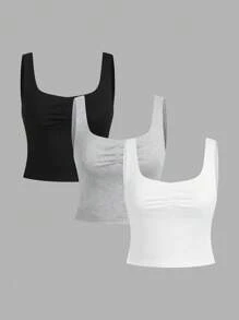 SHEIN EZwear 3 chiếc/gói Áo ba lỗ dệt kim màu trơn thường ngày cho nữ - Nhiều màu - Xem 3