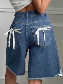DAZY Women's Denim Shorts With Oversized Bow Decor - Medium Wash - View 7