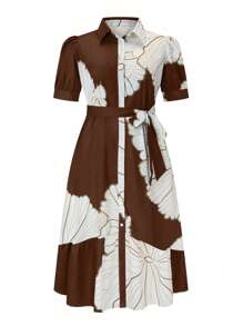 SHEIN Clasi 大码女式休闲花卉印花短袖衬衫领连衣裙 - 棕色 - 查看 1
