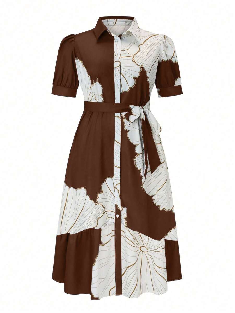 SHEIN Clasi 大码女式休闲花卉印花短袖衬衫领连衣裙 - 棕色 - 查看 1