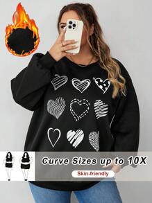 SHEIN CURVE+ Plus Size Women's Heart-Shaped Printed Black Round Neck Sweatshirt, For Winter - Black - View 1