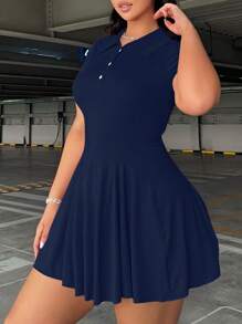 POPSWAY Casual Simple Stand Collar Shift Dress For Women - Navy Blue - View 3