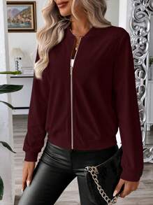 SHEIN Clasi 经典复古纯色灯芯绒夹克，休闲风格，秋季 - 酒紅色 - 查看 4