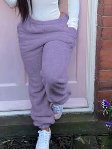 Casual Warm Solid Color Elastic Waist Pockets Fleece Sweatpants, Autumn/Winter