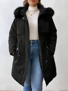 SHEIN LUNE Plus Size Women Solid Color Patchwork Fuzzy Hooded Casual Padded Coat For Winter Fall Cloth For Women - Black - View 6