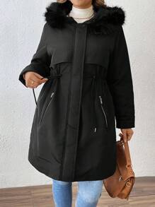 SHEIN LUNE Plus Size Women Solid Color Patchwork Fuzzy Hooded Casual Padded Coat For Winter Fall Cloth For Women - Black - View 7