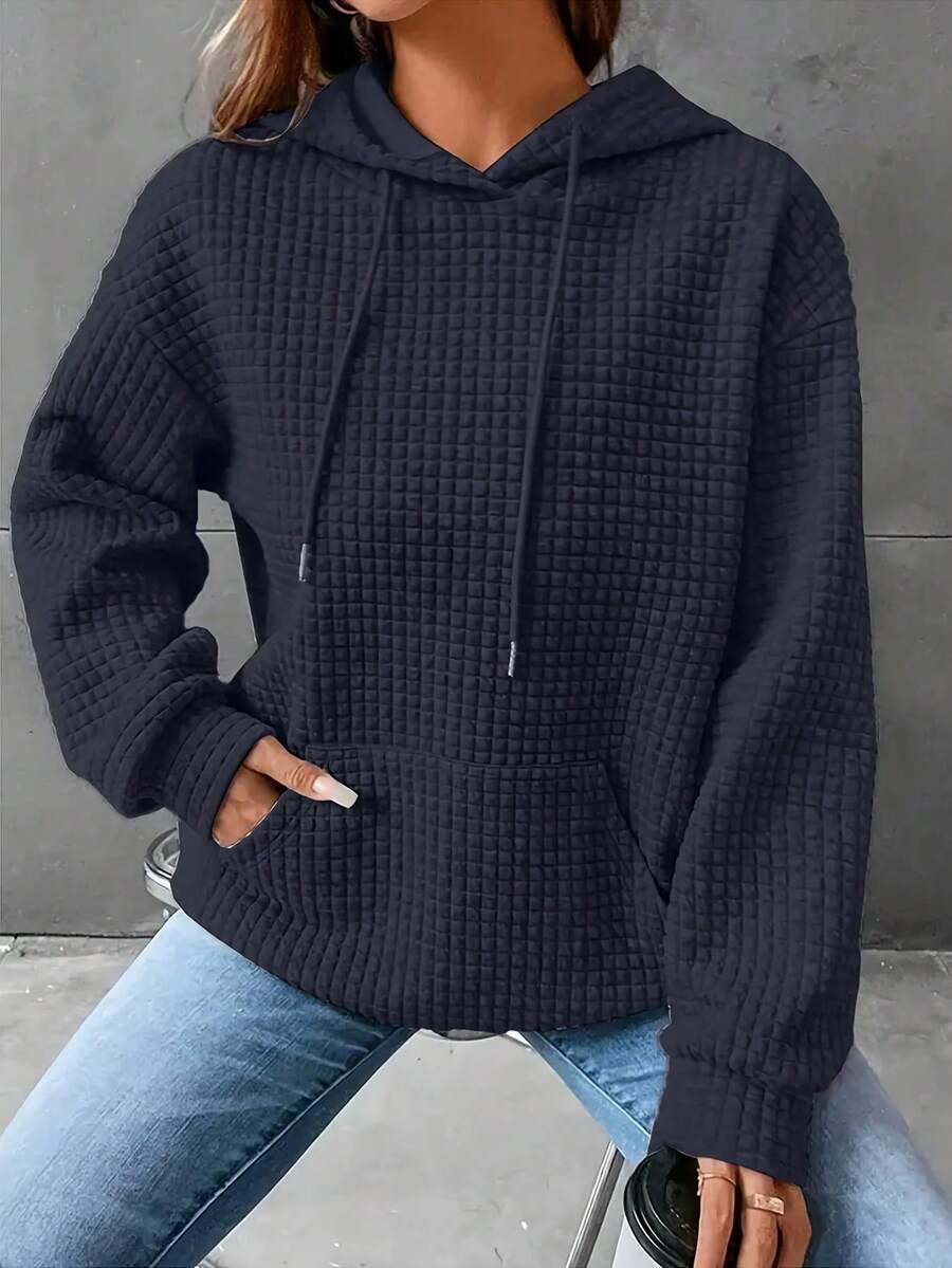 Loose Fit Pullover Solid Color Hooded Long Sleeve Waffle Knit Sweatshirt, Autumn