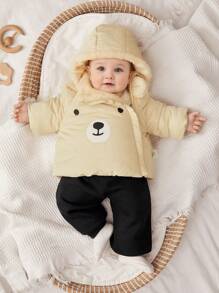 SHEIN 新生男童/女童休闲可爱熊图案保暖连帽厚棉外套，适合秋冬季户外和家居穿着