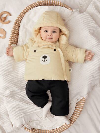 SHEIN Nyfödd pojke/flicka Casual Söt björnmönster Varm huva tjocka bomull Ytterkläder, lämpliga för höst/vinter utomhus- och hemkläder