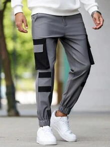 Manfinity Homme Men's Contrast Color Casual Sports Pants, Slim Tapered, Elasticated Cuffs, Zipper, Large Contrast Pockets, Mature Casual Trousers