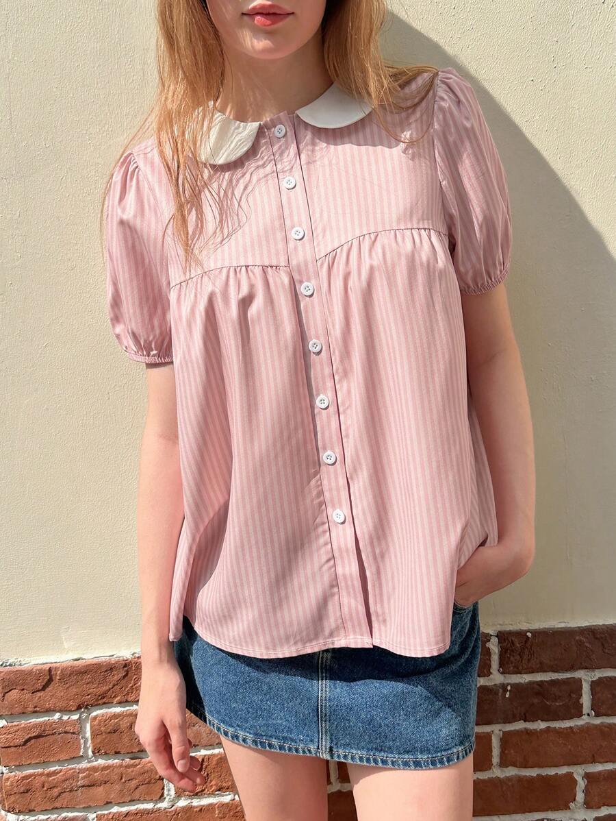 INAWLY Áo sơ mi tay ngắn cổ Peter Pan kẻ sọc cho nữ, mùa hè - Hồng - Xem 1