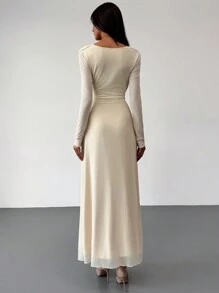 Aloruh Plunging Draped Neck Long Sleeve Skin-Tight Mesh Apricot Color Dress, Suitable For Romantic Dates,Summer Dresses For Women,Tea Party Dress - Apricot - View 2