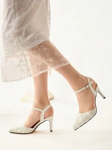 CUCCOO HITCHD Almond Color Lace & Mesh Pointed Toe Elegant Versatile Women Stiletto Heels Backless Pumps - Apricot - View 6