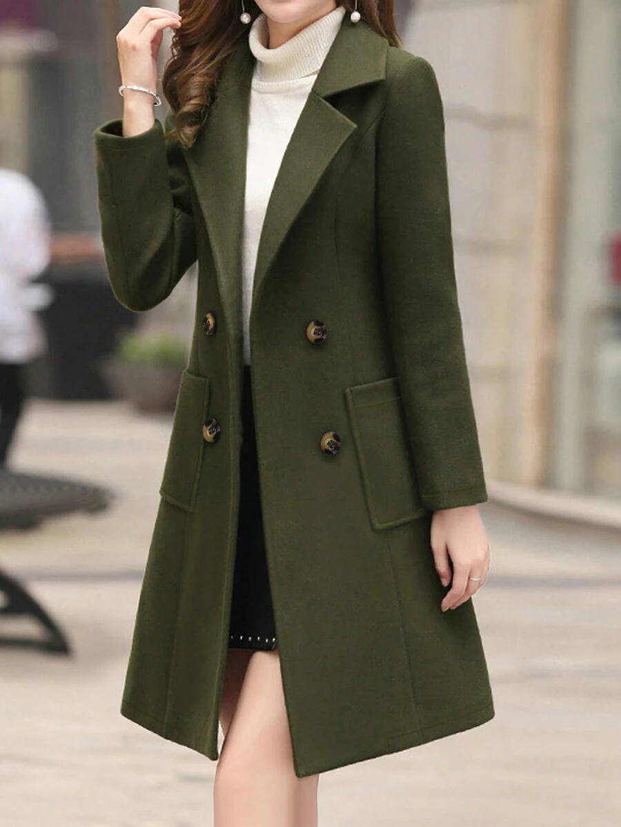 Women's Stand Collar Slim Fit Long Overcoat - Army Green - View 1