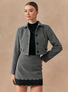 Chiquease 女士几何印花前扣长袖夹克，优雅的设计和高品质的感觉 - 灰色 - 查看 3