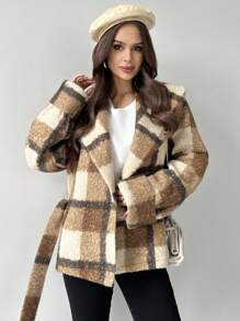 Firerie Nieuwe elegante en modieuze omkeerbare geruite getailleerde jas met taillebandontwerp, warm voor herfst/winter