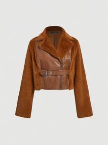 SHEIN MOD 女士复古大衣，蓬松与 PU 皮革撞色，金属纽扣开合，立领，秋冬，保暖，冬季女士大衣 - 咖啡棕 - 查看 1