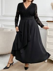 SHEIN Clasi Women Plus Size V-Neck Long Sleeve Lace Patchwork Elegant Dress, Autumn - Black - View 5