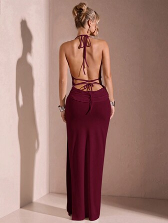 SHEIN BAE Sommar Romantisk Dejt Strandsemester Vit Sexig Rygglös Hög Slits Grimma Wrap Volang Slips Framklänning För Kvinnor