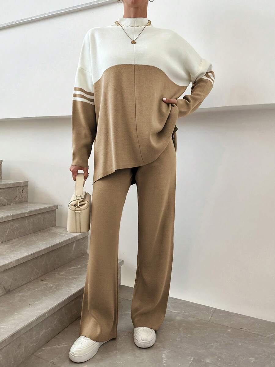 EURMUSE 女款撞色立領寬鬆上衣褲套裝 - 彩色 - 查看 1