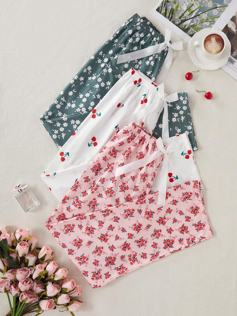 3pcs/Set Floral Cherry Pattern Sleepwear Bottoms - Multicolor - View 1
