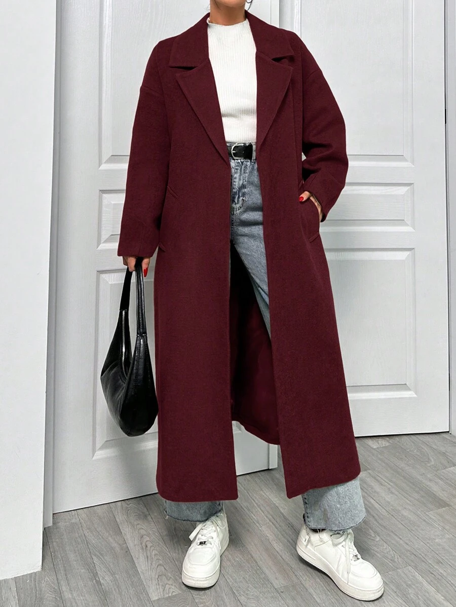 EURMUSE Lapel Neck Double Breasted Slant Pocket Waist Belt Tie-Up Woolen Overcoat - Burgundy - View 1